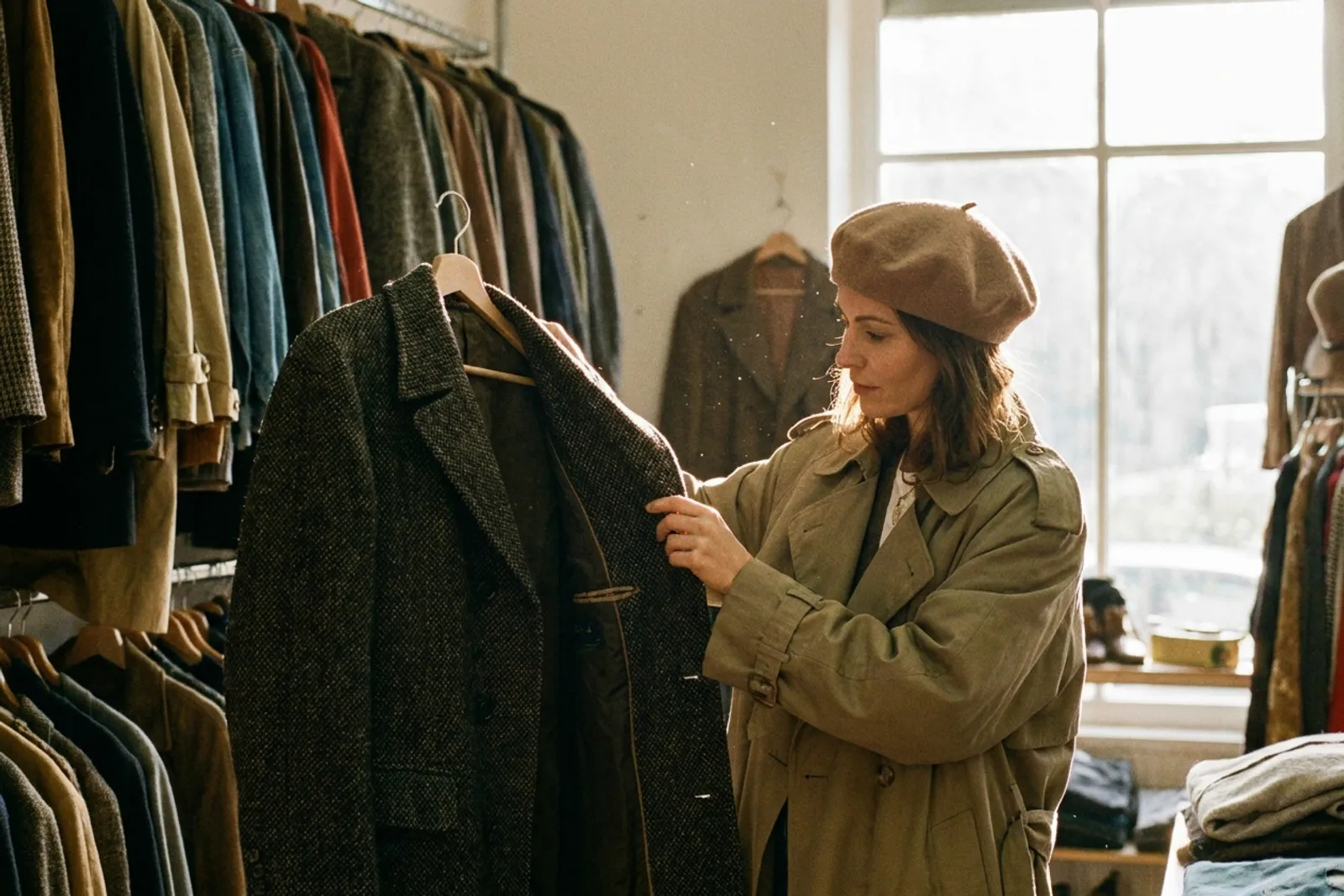Une femme en béret examine la doublure d'un manteau en tweed sur un portant, dans une friperie baignée de lumière