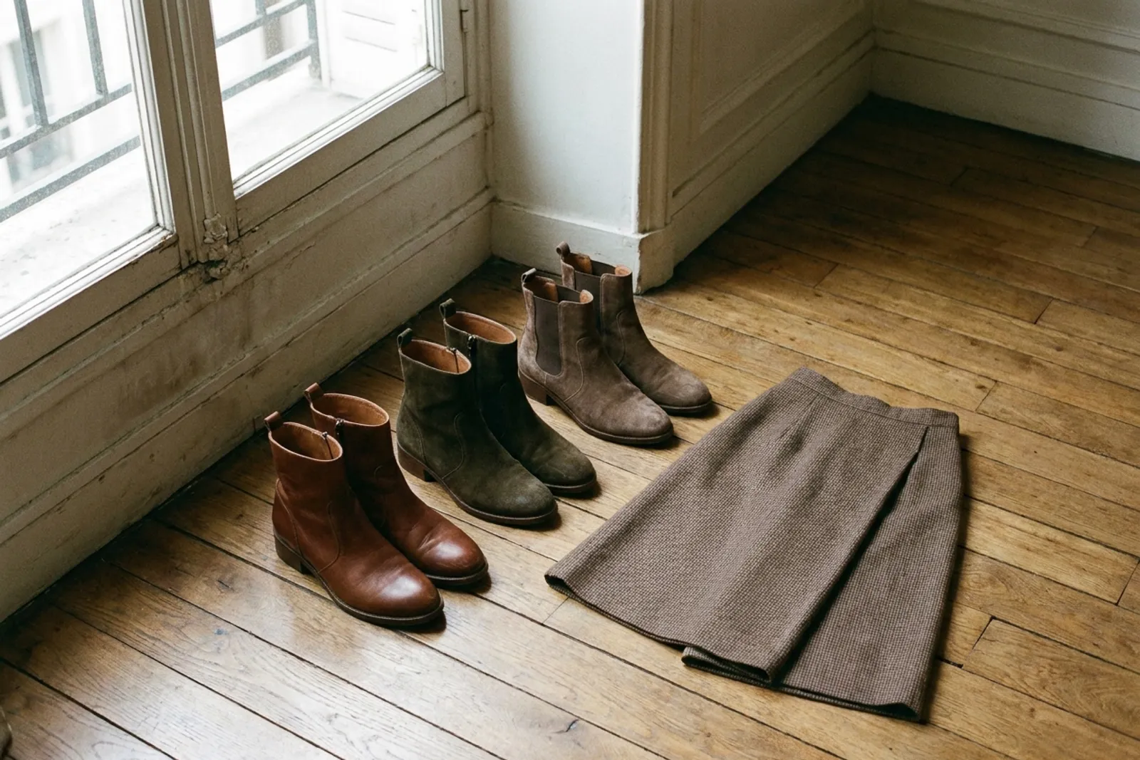Trois paires de bottes d'automne posées sur un parquet à côté d'une jupe midi pliée