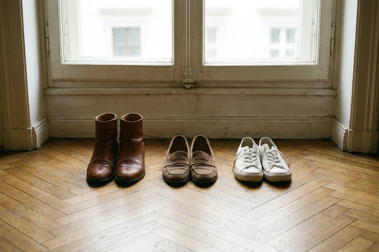 Trois paires de chaussures d'automne — bottines en cuir, mocassins et baskets blanches — alignées sur un parquet près d'une fenêtre