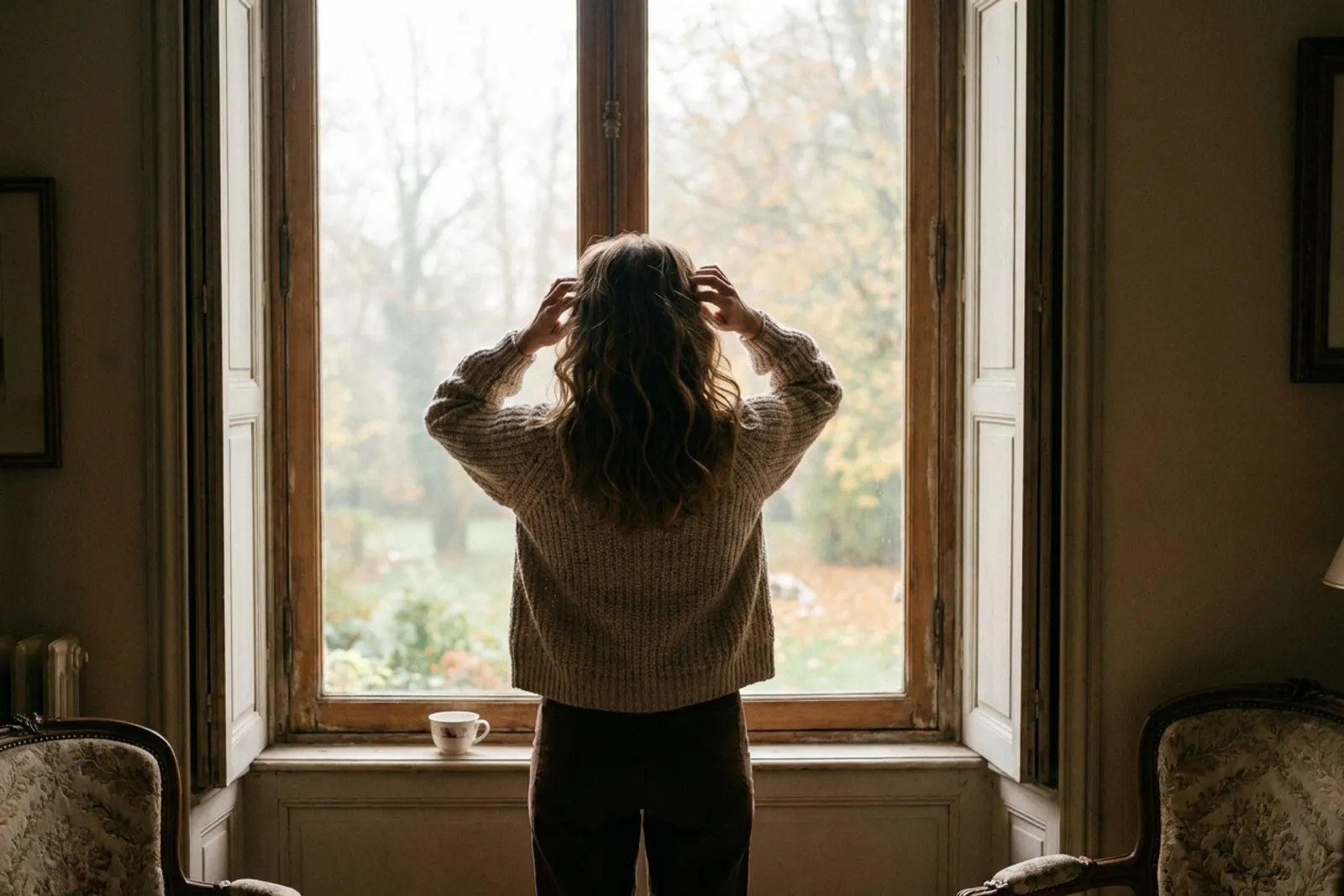Une femme aux longs cheveux bruns ondulés, de dos, ajustant sa chevelure près d'une fenêtre un matin d'automne