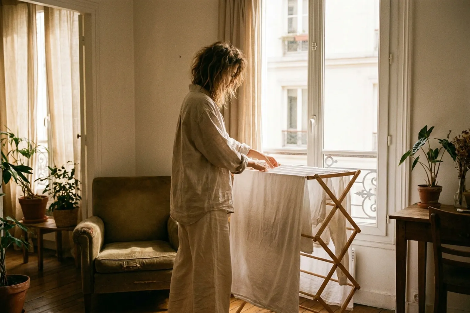 Une femme étend du linge sur un séchoir en bois devant la fenêtre d'un appartement parisien