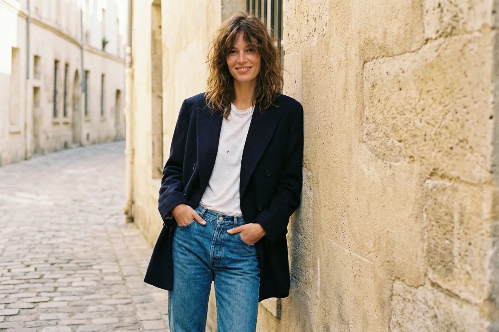 Une femme en blazer marine, tee-shirt blanc et jean droit devant un mur de pierre au soleil
