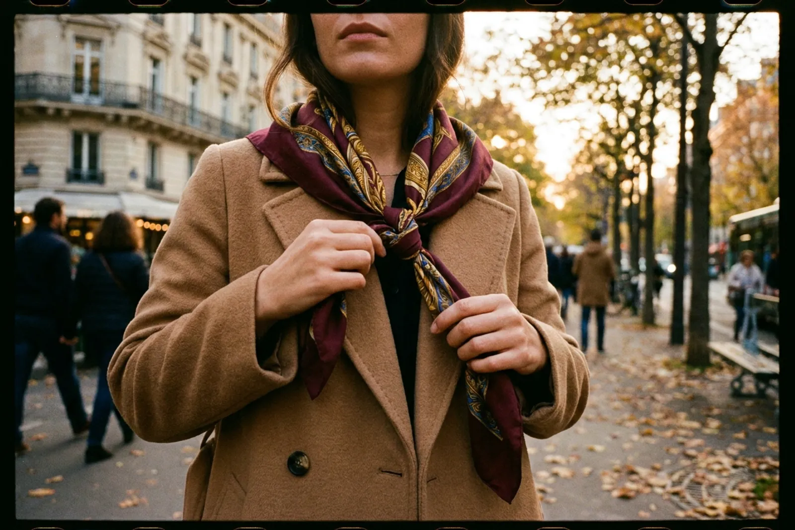 Une femme en manteau camel nouant un foulard de soie imprimé autour de son cou dans une rue parisienne