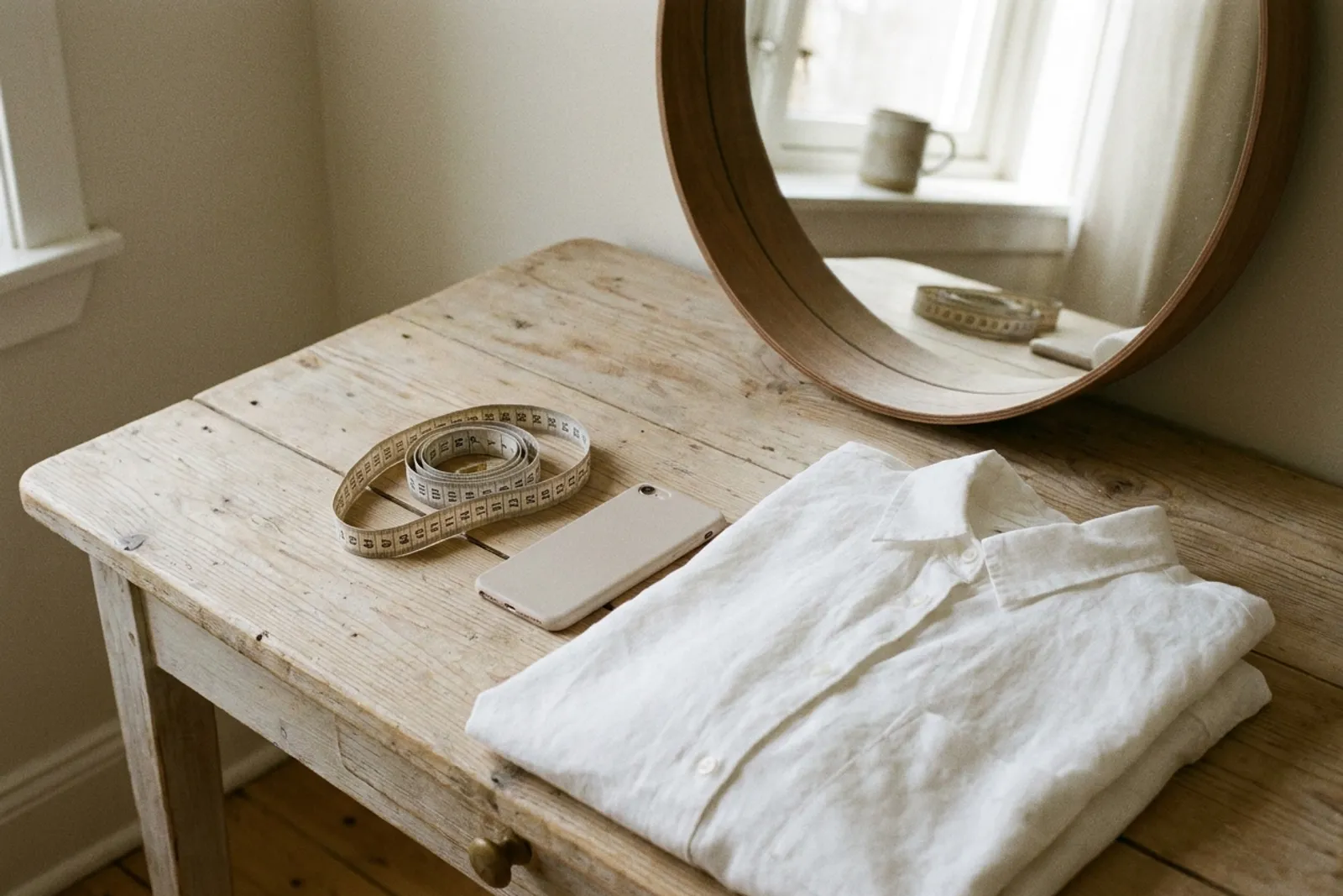 Un mètre de couturière, un téléphone et une chemise blanche posés sur une table en bois clair