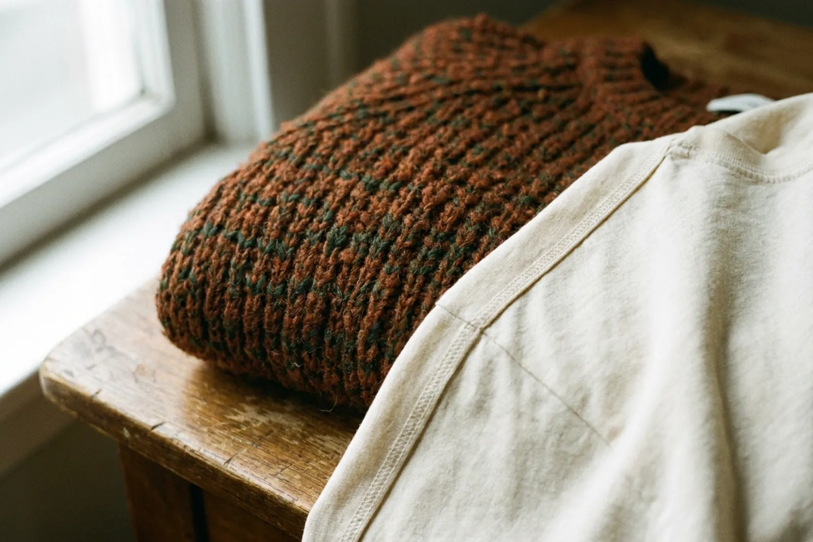 Gros plan sur une maille tricotée et une couture de chemise