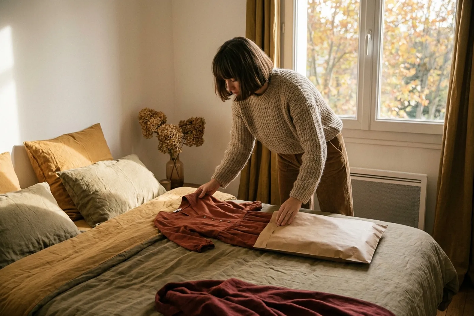 Une robe repliée dans son sachet d'expédition, prête à repartir