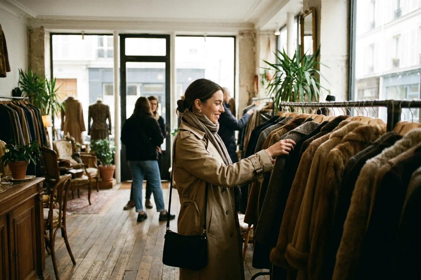 Chiner un manteau dans une friperie parisienne, en pleine lumière