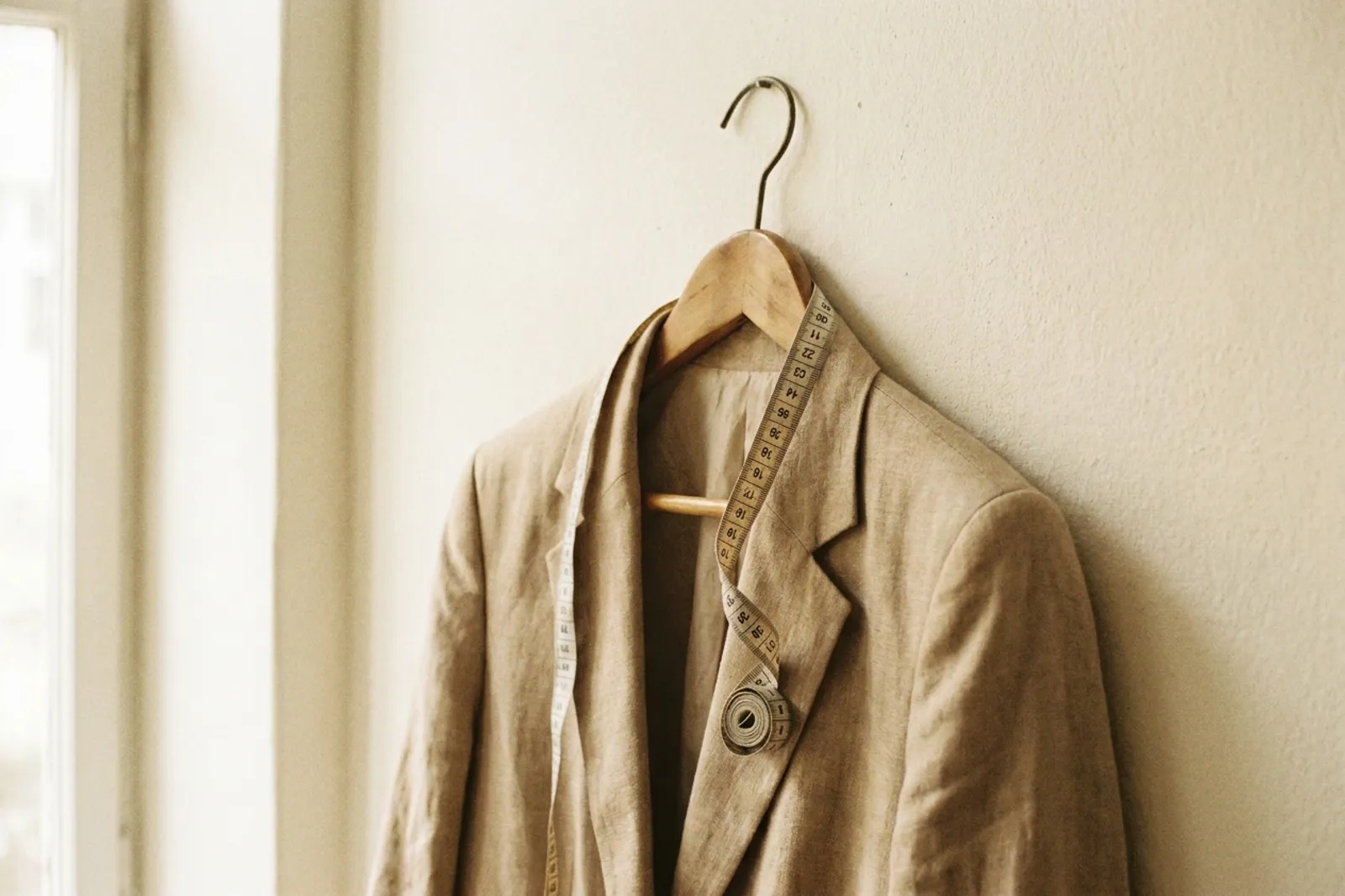 Un mètre ruban posé sur un cintre en bois portant un blazer beige