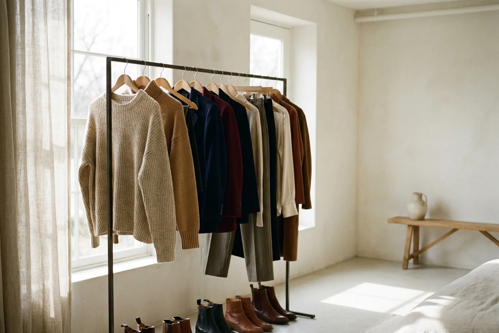 Un portant ouvert avec des vêtements d'automne en beige, camel, marine et bordeaux