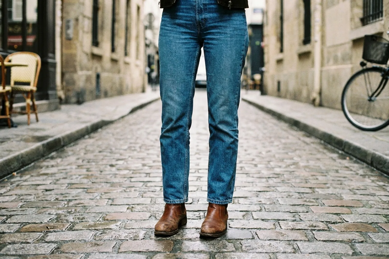 Un jean droit bleu porté avec des bottines en cuir marron sur des pavés parisiens