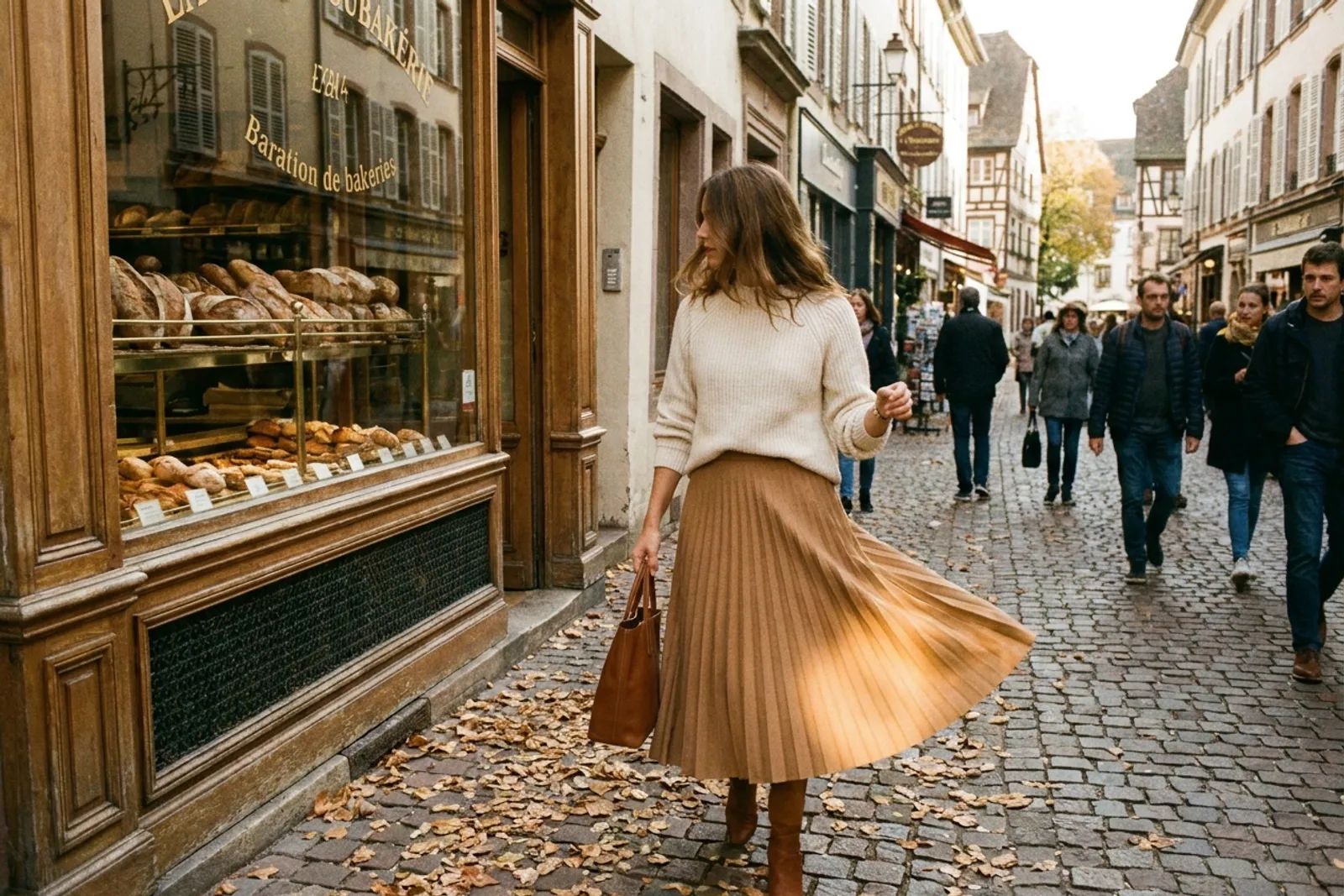 Une femme en jupe midi plissée et maille fine marchant dans une rue française en automne
