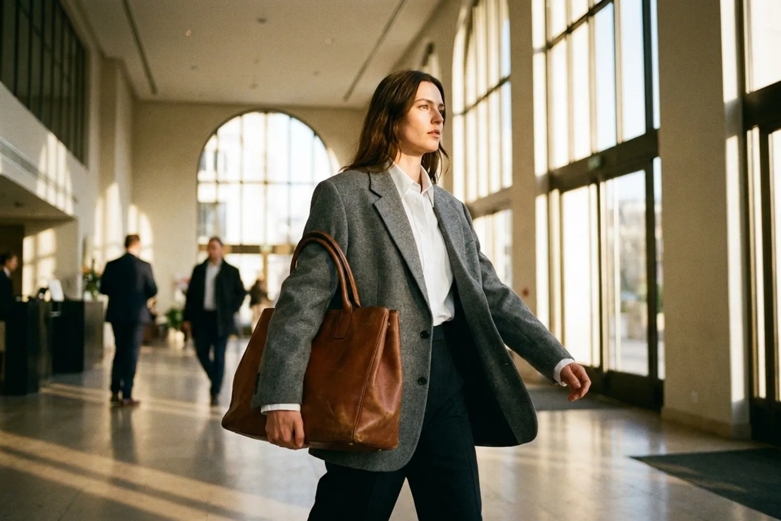 Blazer gris, chemise blanche et cabas en cuir dans la lumière du matin