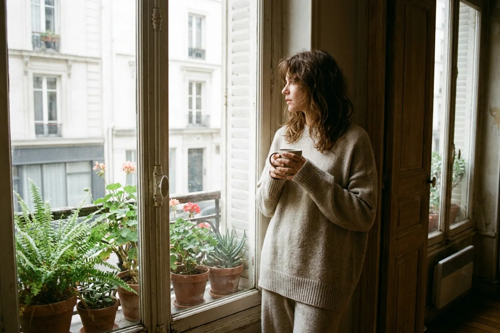 Une femme en ensemble de maille beige tient une tasse près d'une fenêtre garnie de plantes