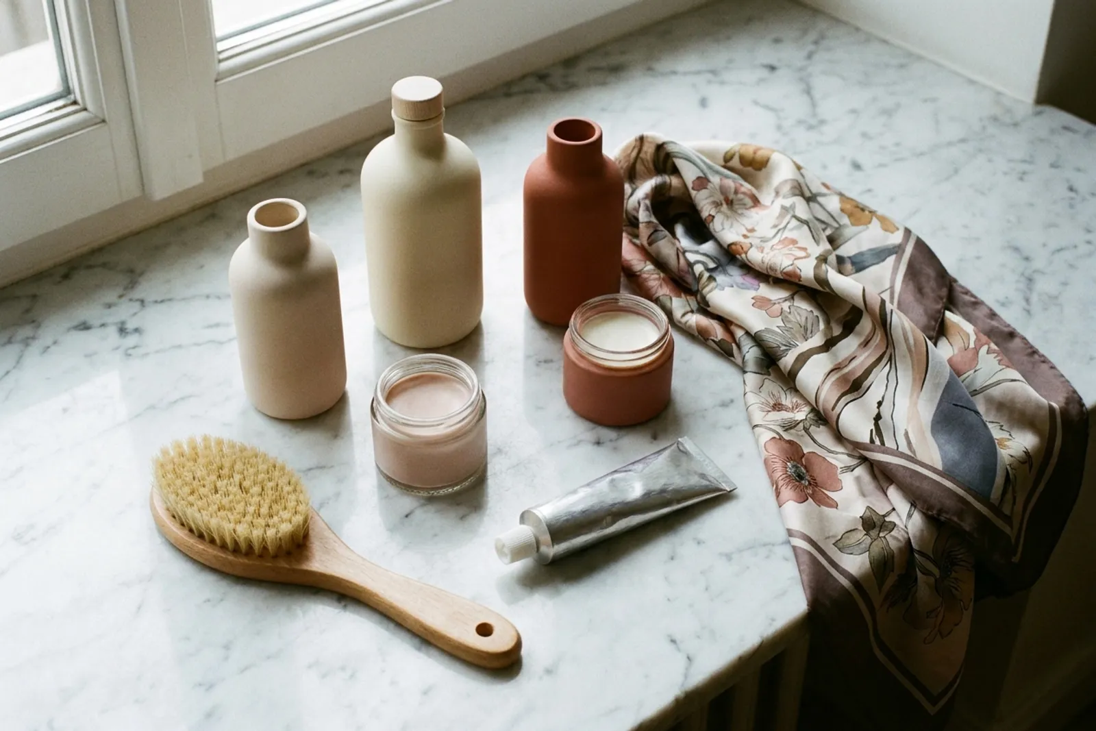Cinq produits de maquillage et un pinceau posés sur un plan de marbre à côté d'un foulard de soie