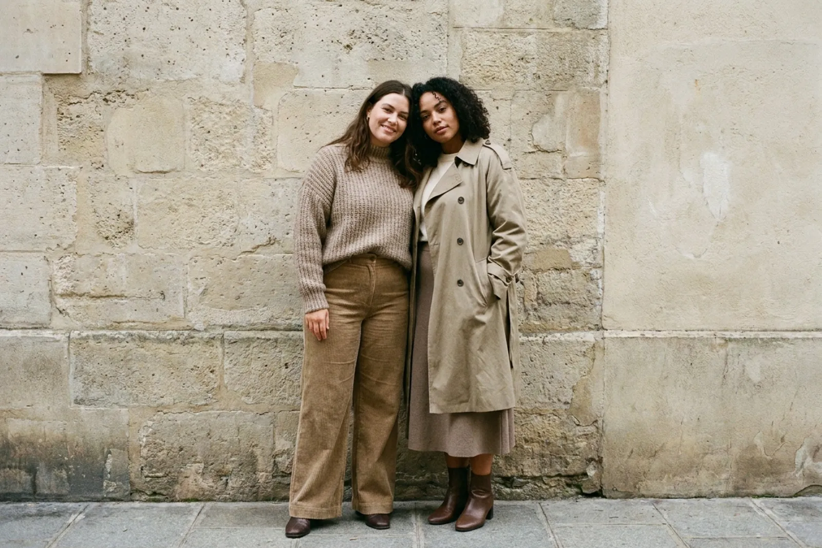 Deux femmes de morphologies différentes en tenues d'automne simples, devant un mur clair