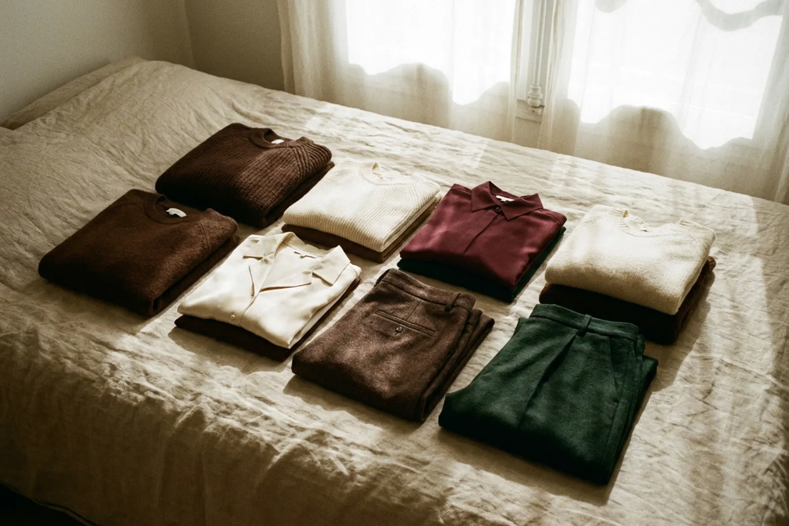 Vêtements pliés en brun chocolat, crème, bordeaux et vert forêt sur une nappe de lin