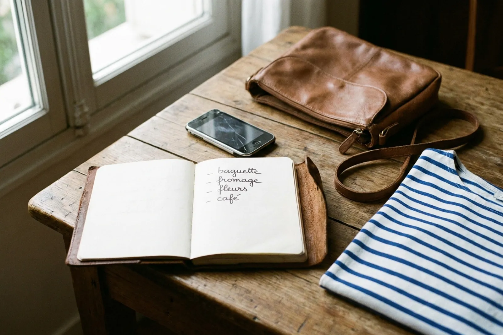 Un carnet de notes, un téléphone et une chemise rayée pliée sur un bureau en bois