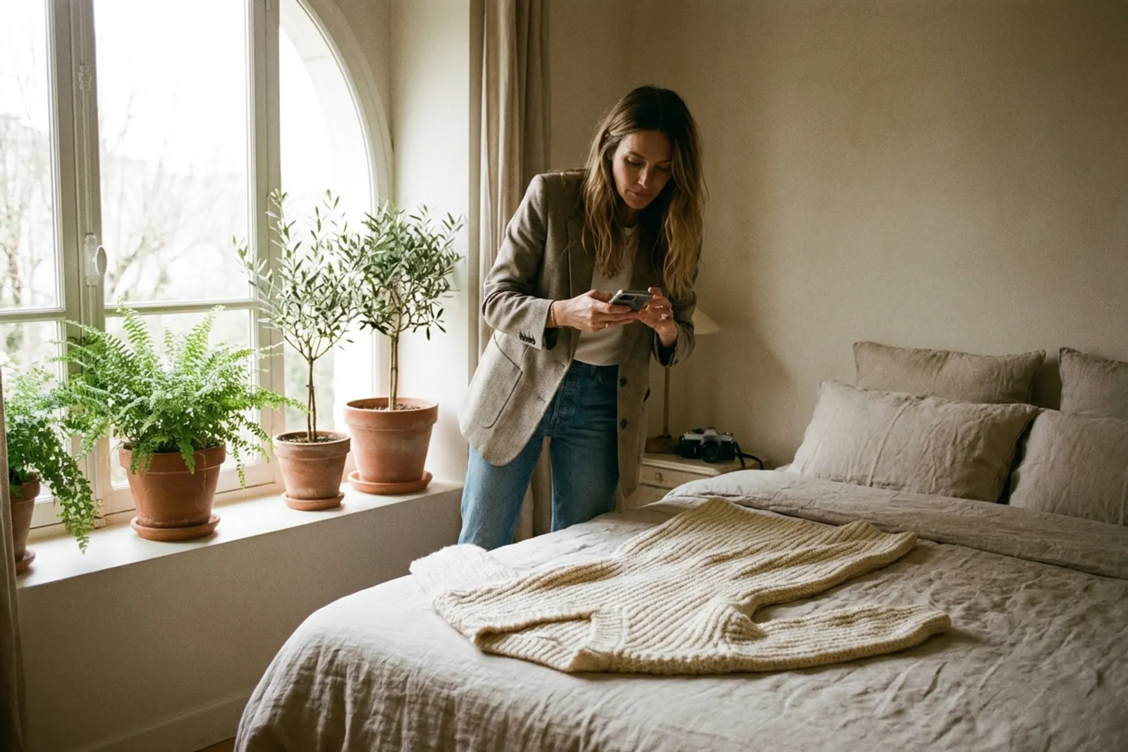 Une évaluatrice photographie une robe en maille avant de rédiger son avis