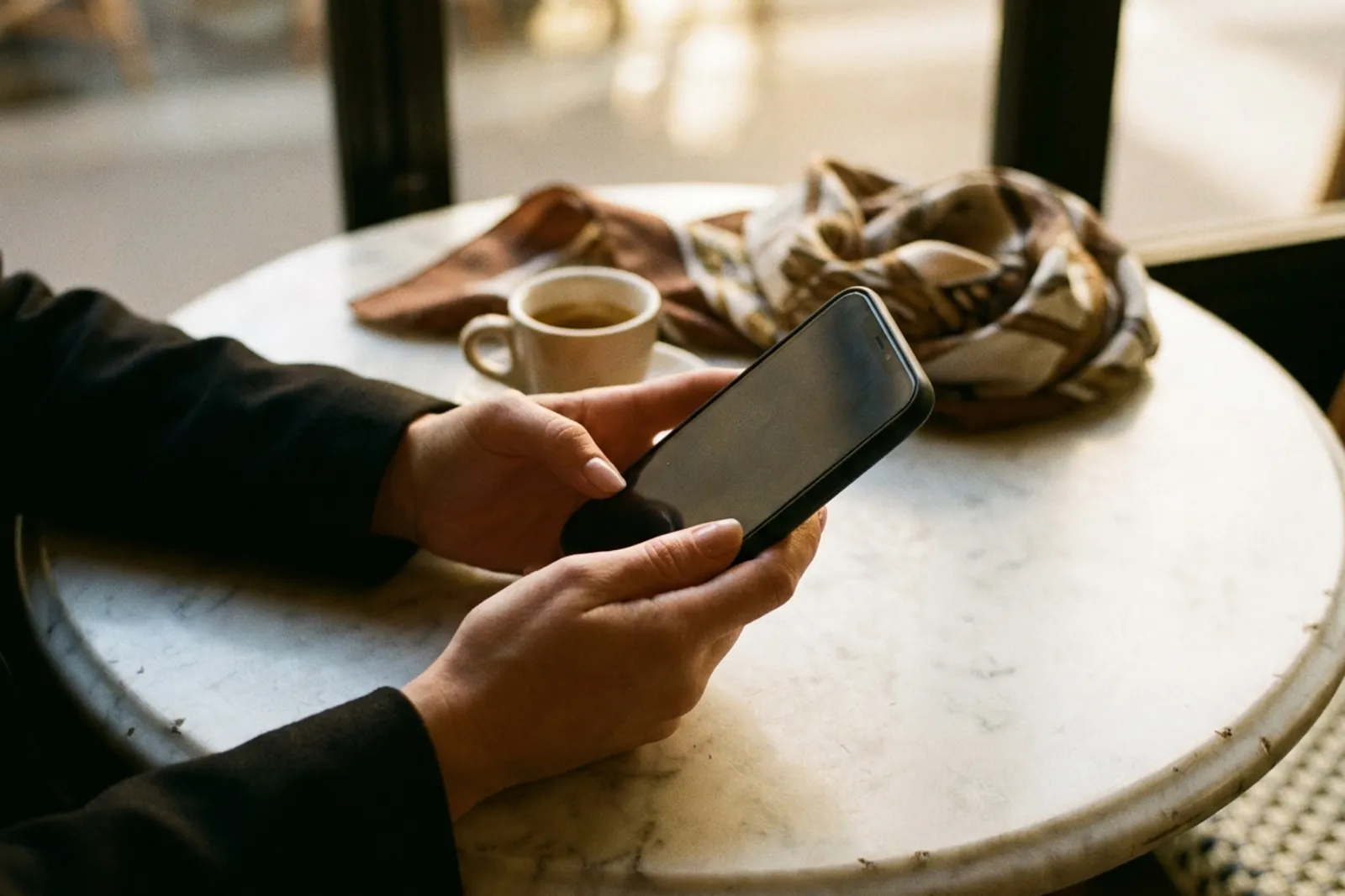 Les mains d'une femme tenant un téléphone sur une table de café en marbre, à côté d'un expresso