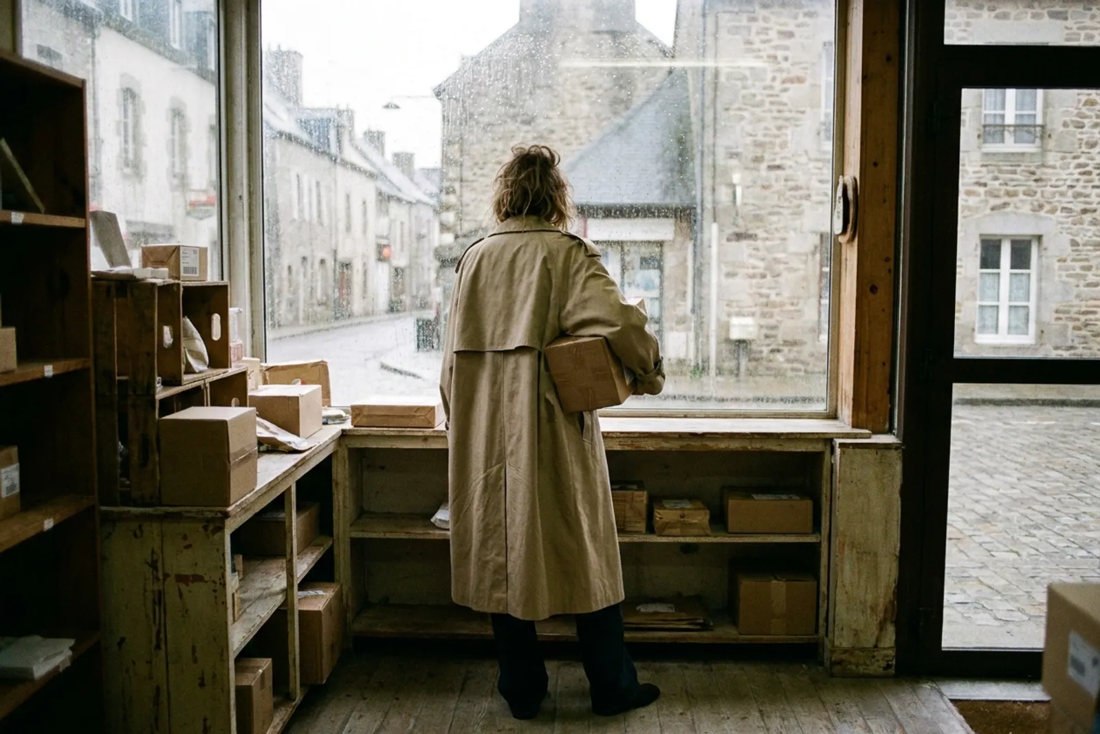 Une femme en trench beige récupère un colis dans un point relais de quartier