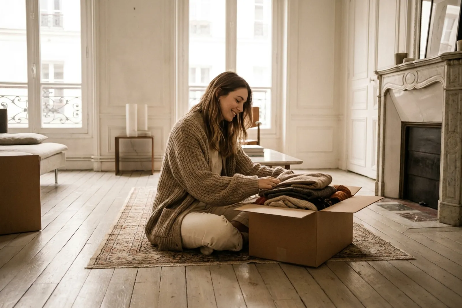 Un colis de vêtements d'automne ouvert sur un parquet clair