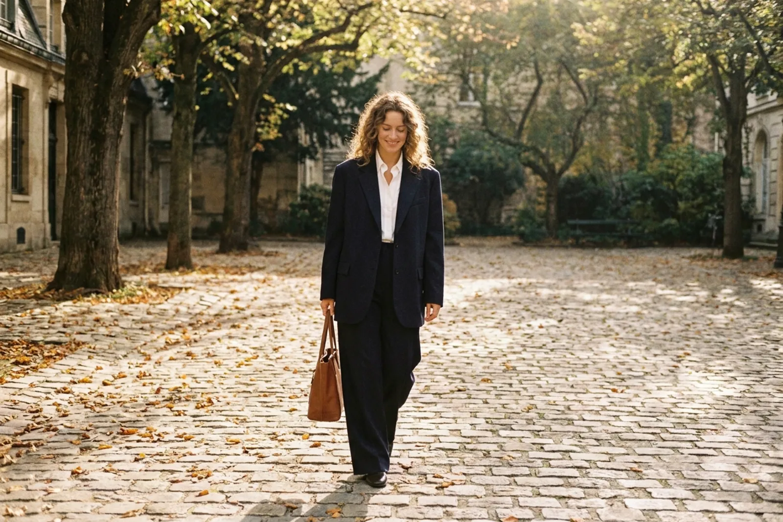 Une femme en blazer marine et chemise blanche traverse une cour ensoleillée en septembre