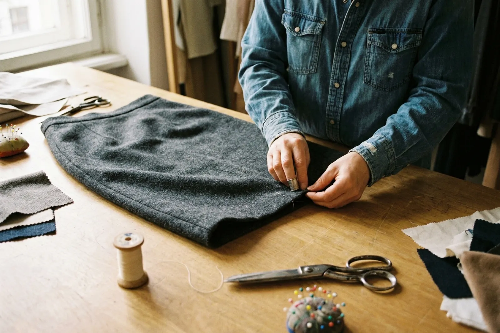 Table de retoucherie avec une jupe en laine, des épingles, des ciseaux et une bobine de fil