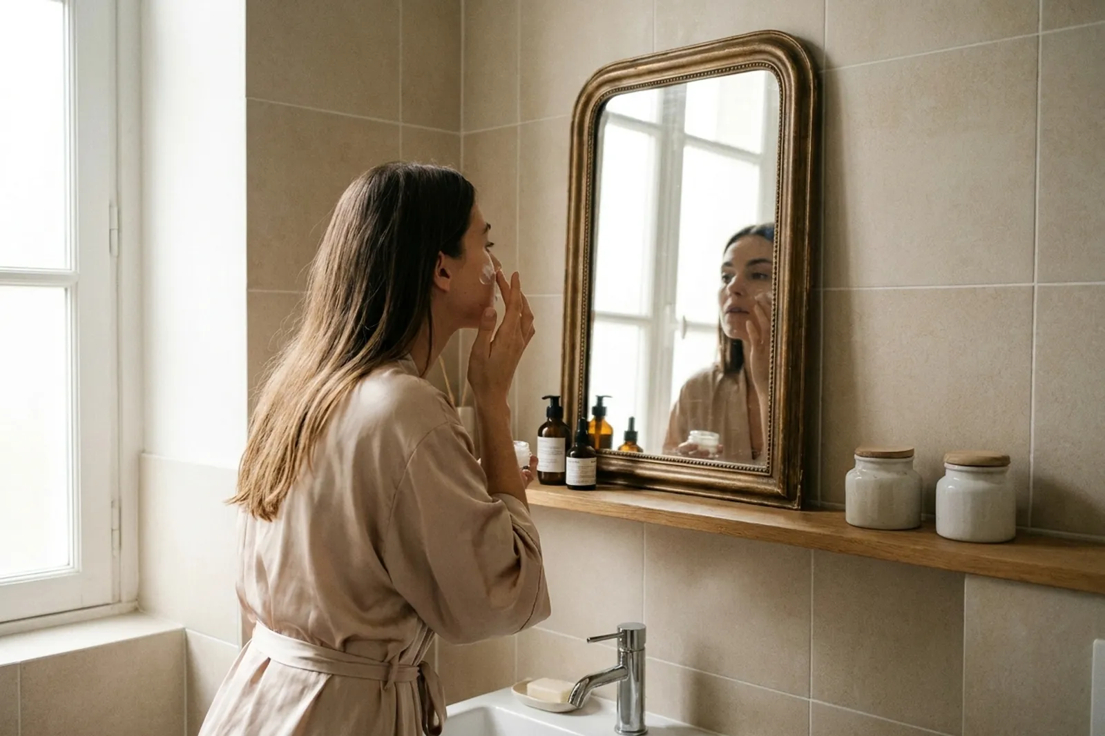 Une femme applique une crème pour le visage devant le miroir de sa salle de bains dans la lumière douce du matin