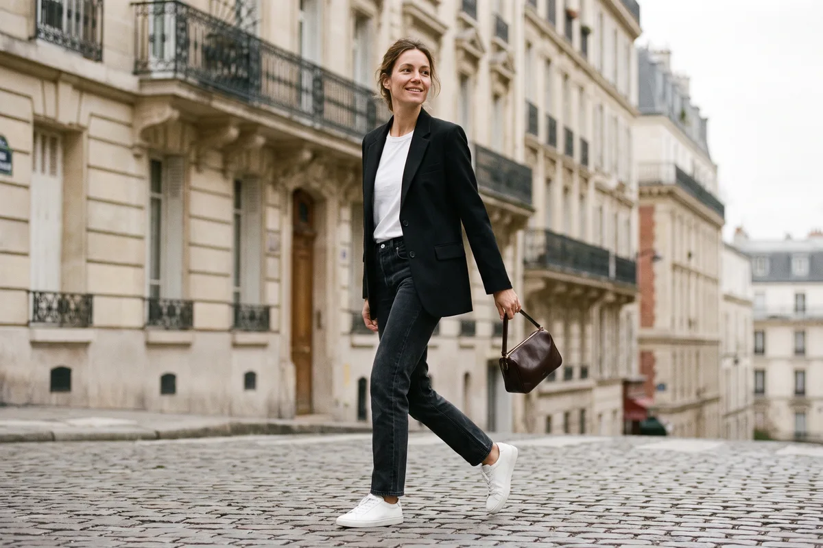 Un jean droit, un blazer et des baskets blanches : la base d'une allure soignée