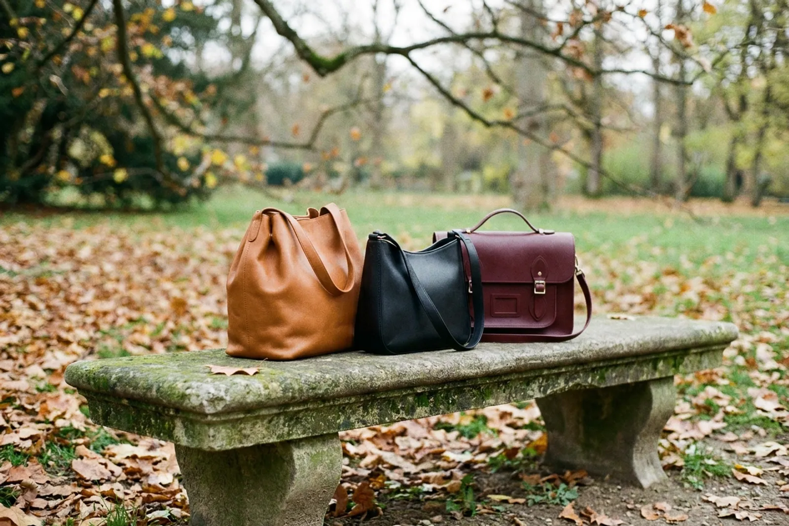 Trois sacs d'automne caramel, noir et bordeaux posés sur un banc de pierre en lumière naturelle