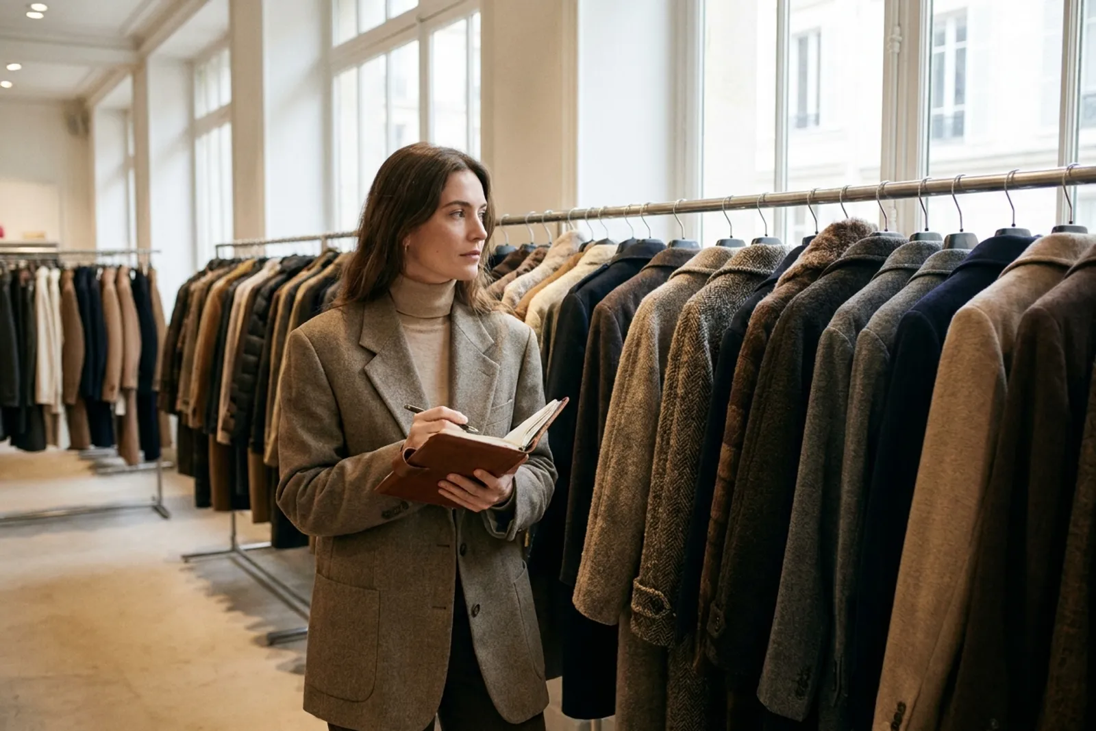 Une femme, carnet à la main, devant un portant de manteaux d'hiver dans un grand magasin lumineux