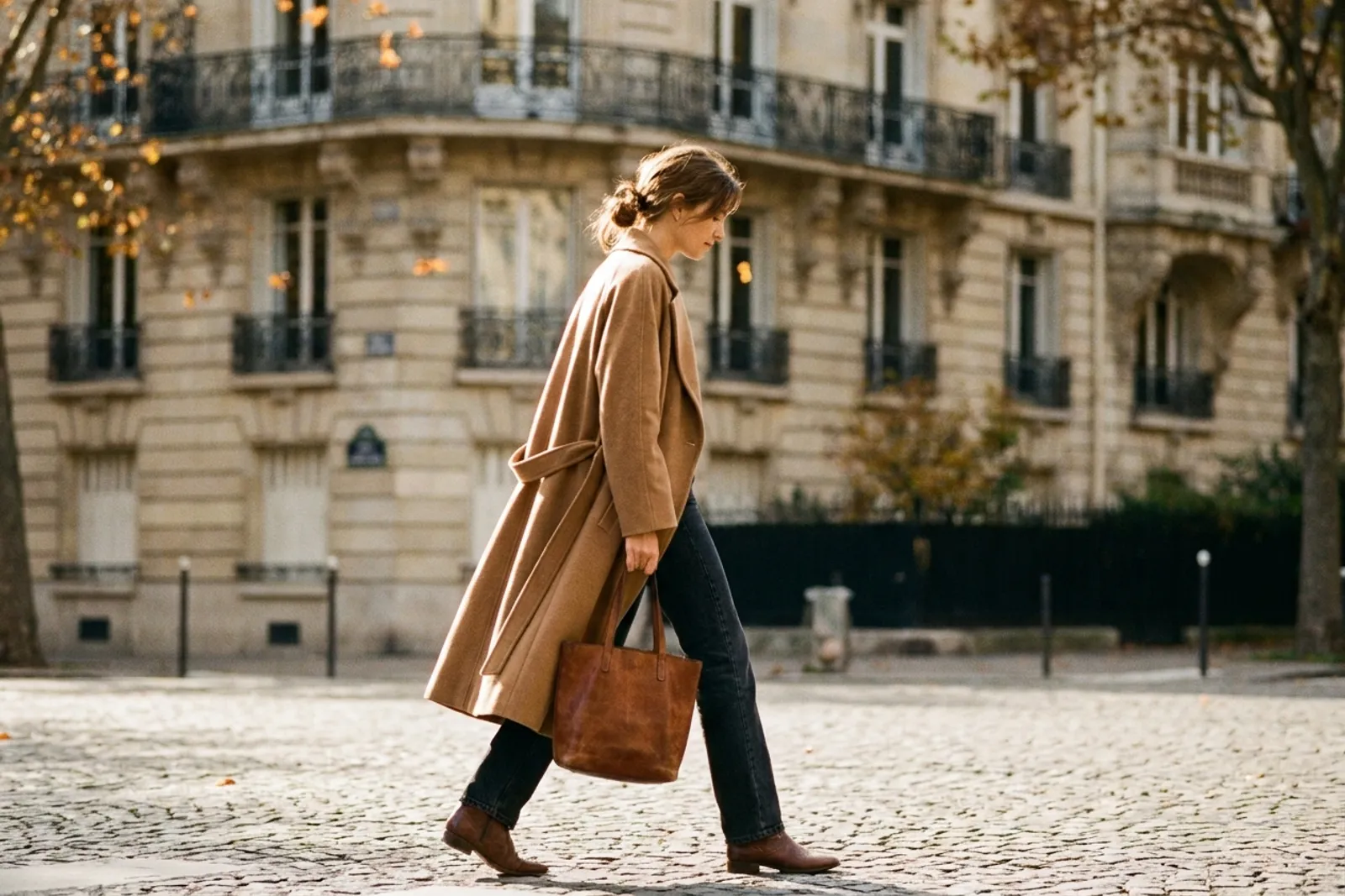 Une femme en manteau de laine long et jean droit dans une rue parisienne en début d'automne