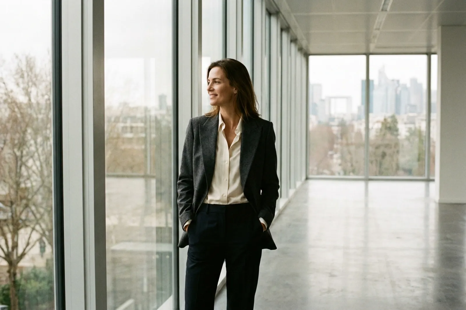 Une femme en blazer gris anthracite attend dans un couloir de bureau lumineux