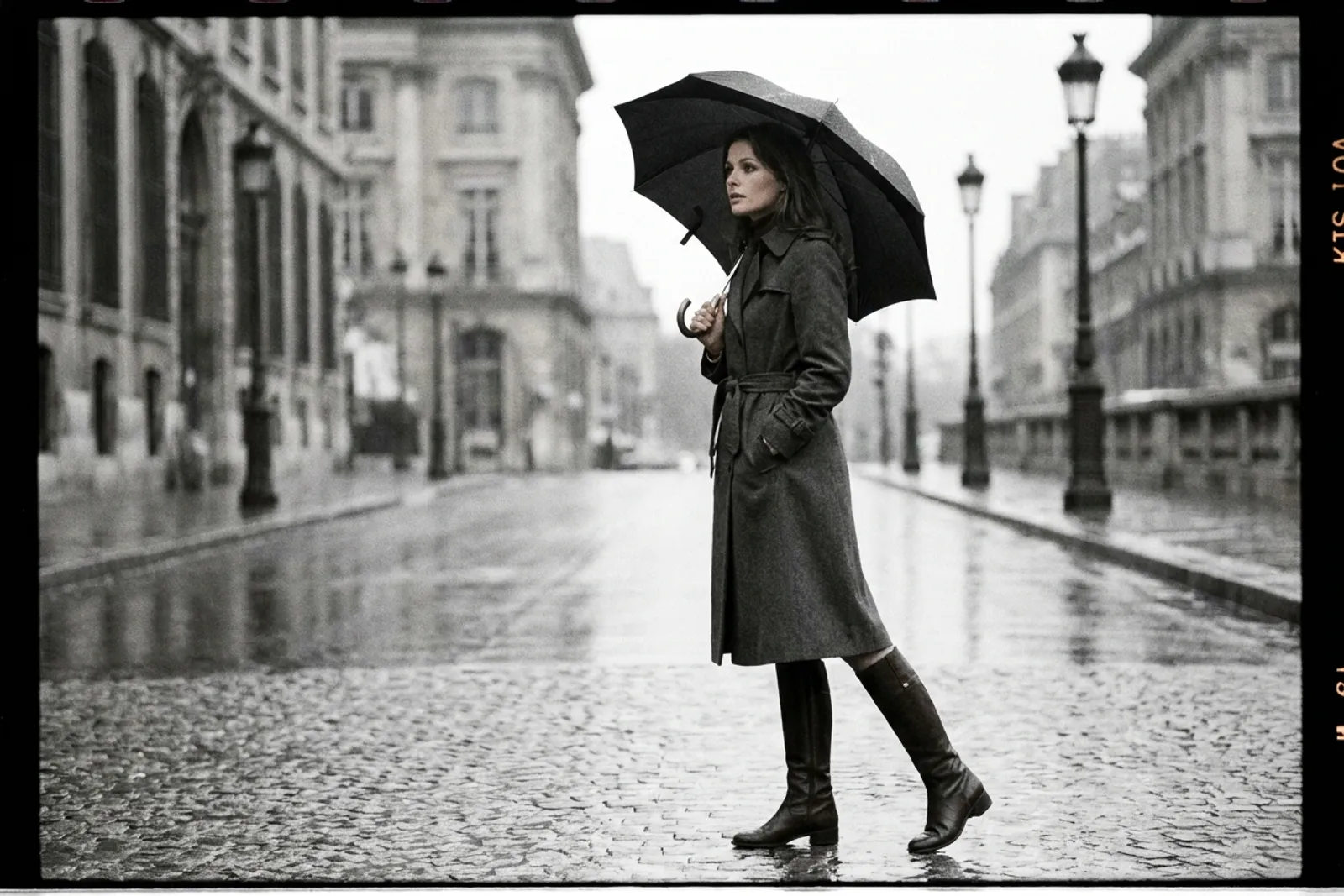 Une femme en imperméable sombre et bottes en cuir, parapluie ouvert sur un trottoir parisien mouillé