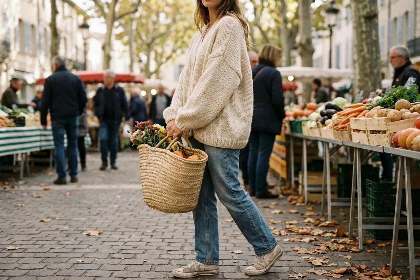 Cardigan oversize, jean droit et panier en osier sur un marché d'automne