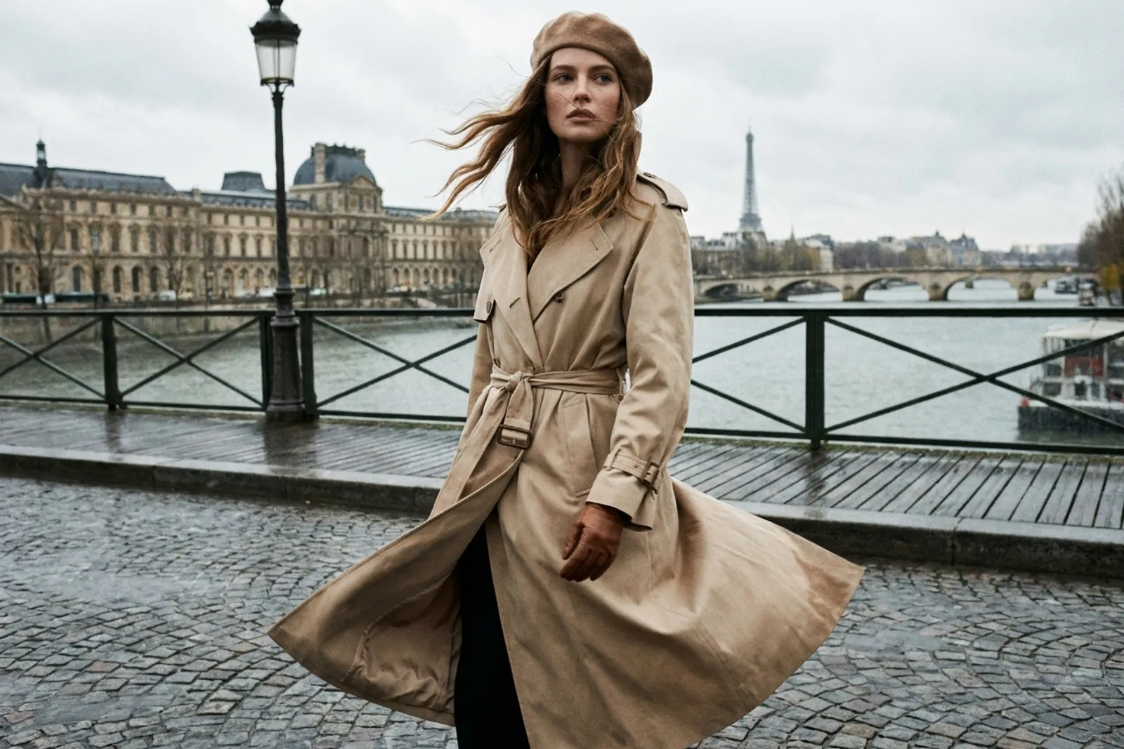 Une femme en trench beige ceinturé sur un pont parisien par temps couvert