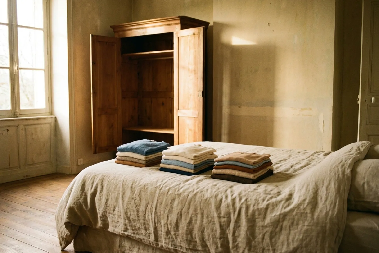 Des vêtements pliés en piles sur un lit dans une chambre lumineuse, armoire ouverte et vide en arrière-plan