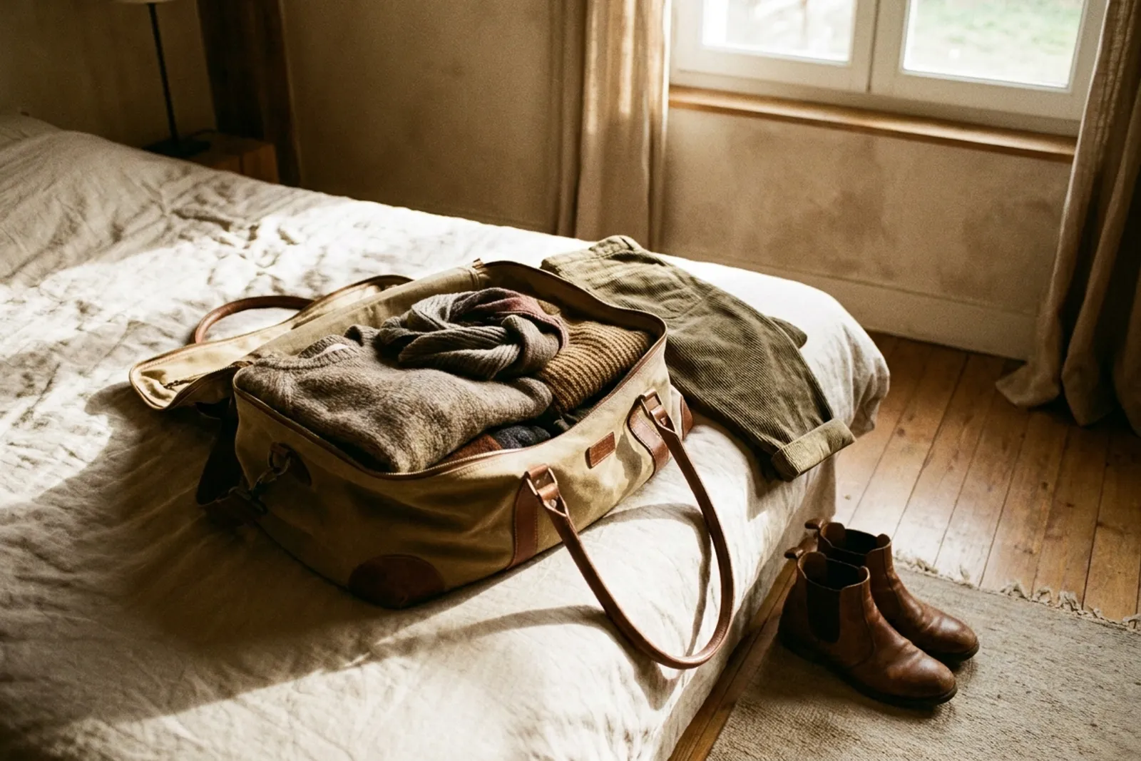 Un sac de week-end ouvert sur un lit, vêtements d'automne pliés à côté et bottines au sol