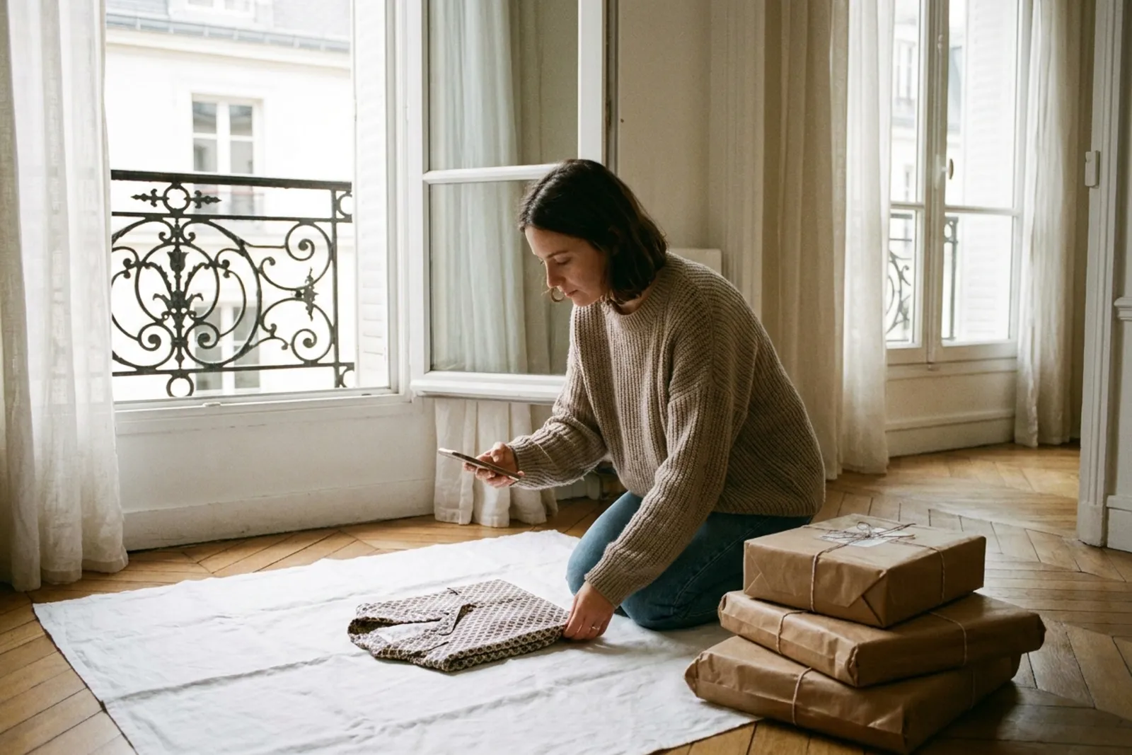 Une femme photographie avec son téléphone un chemisier plié sur un drap blanc, colis prêts à côté d'elle, dans un appartement parisien
